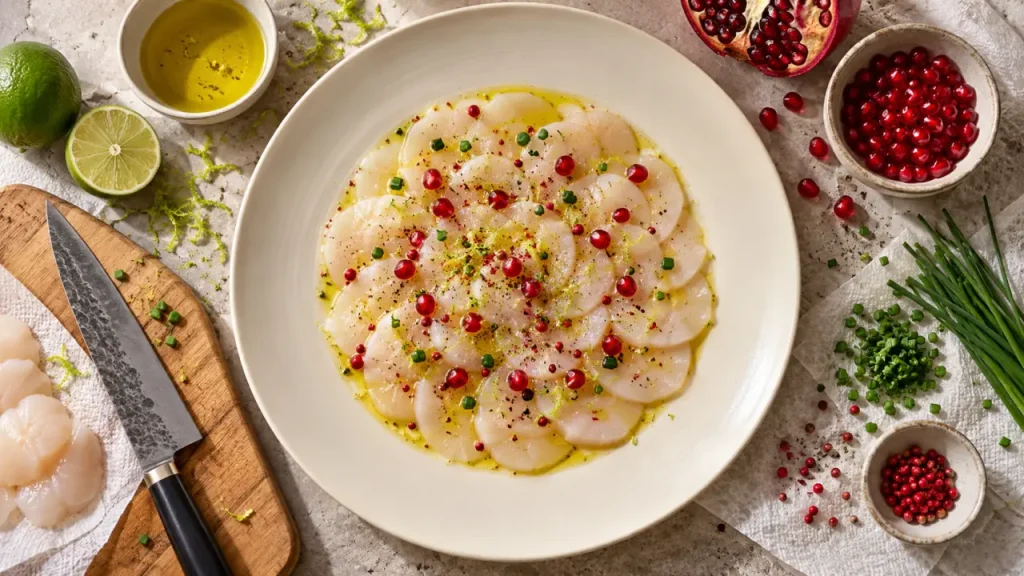 Carpaccio de Saint-Jacques gastronomique : tranches fines, rosace et citron au dernier moment