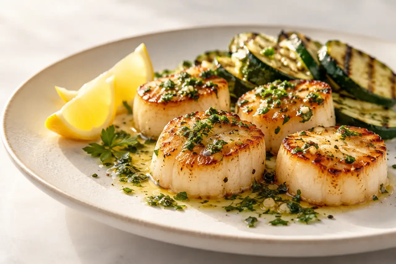 Marinade saint jacques plancha avec noix dorées, persillade et citron