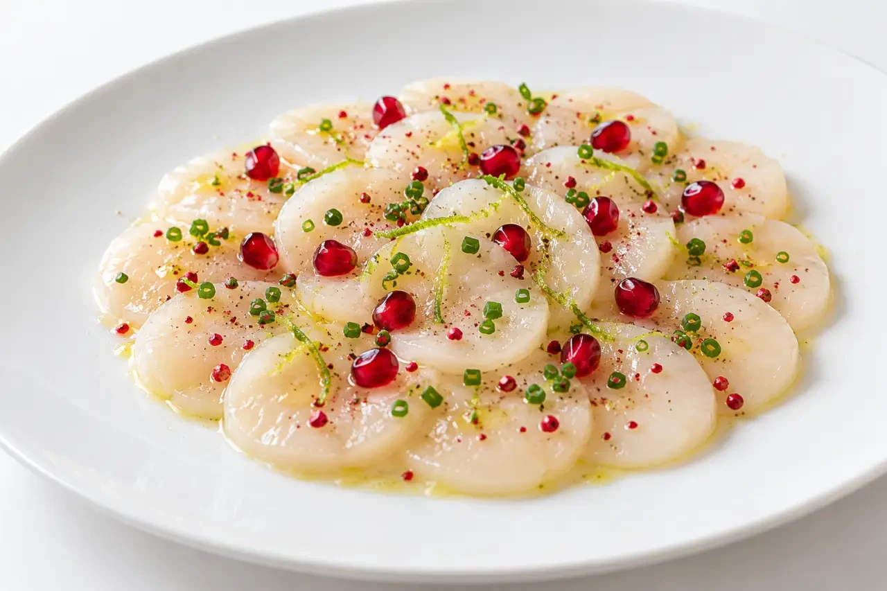 Carpaccio saint-jacques gastronomique au citron vert et à la grenade dressé en rosace